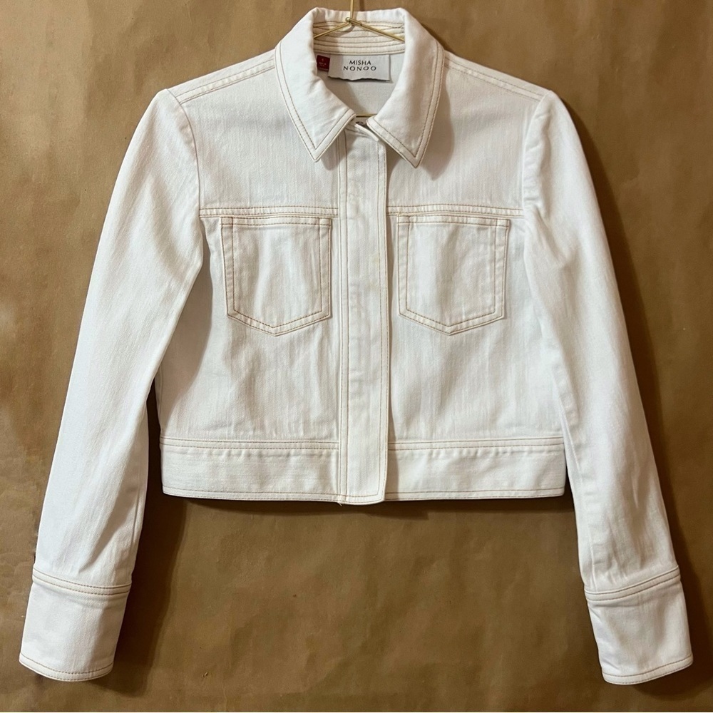 Misha Nonoo | Denim Crop Zip Up Jacket Collared White Contrast Stitching Size S